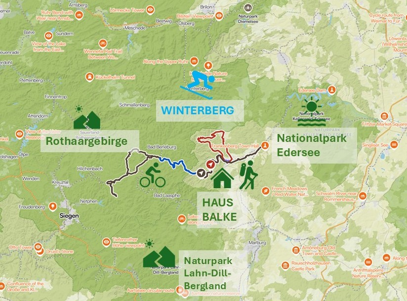 Übersichtskarte Region – Winterberg, Rothaargebirge, Nationalpark Edersee und Naturpark Lahn-Dill-Bergland